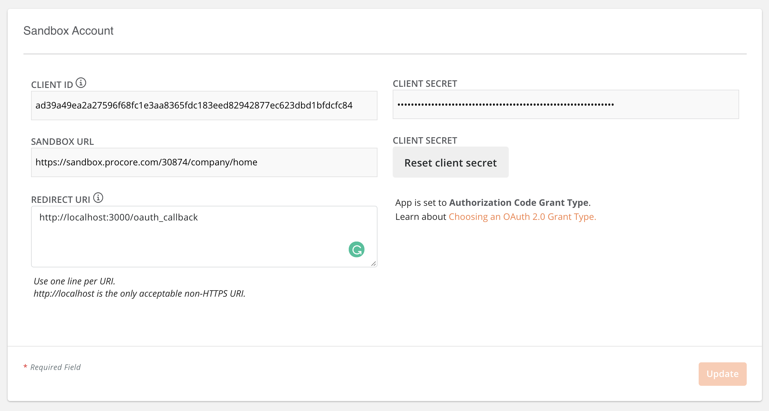 Populated Sandbox Account Details